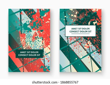 Creative cover frame design paint splatter vector illustration. Neon blurred red turquoise gradient watercolor abstract template invitation.Colorful striped pattern geometric shape greeting background