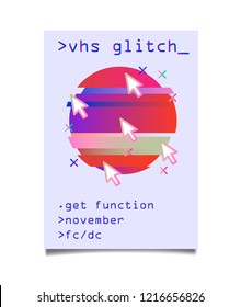 Creative cover with glitched holographic circle and VHS artefacts. Abstract design template for hackathon event/ meetup. Vaporwave/ cyberpunk style illustration.