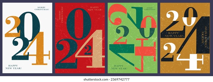 Cubierta creativa Feliz Año Nuevo y Feliz Navidad con números establecidos 2024 Año. Antecedentes abstractos de banners web, publicaciones en medios sociales, afiches o pancartas en colores dorados, verdes y negros.