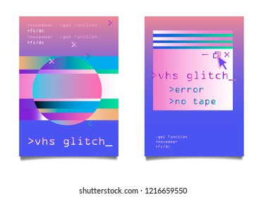 Creative cover set with glitched holographic illustrations, virtual reality concept. Abstract design template for hackathon event/ meetup. Vaporwave/ cyberpunk style illustration.