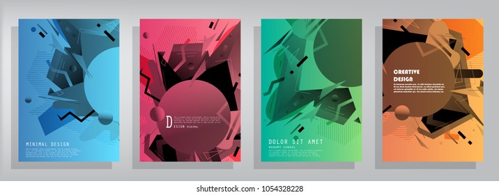 Creative covers with abstract geometric pattern. Shapes with gradients composition