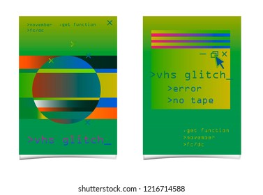 Creative covers with glitched holographic illustrations, virtual reality concept. Abstract design template for hackathon event/ meetup. Vaporwave/ cyberpunk style illustration.