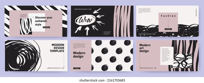 Portadas creativas o afiches horizontales en estilo de arte moderno para identidad corporativa, marca, publicidad en medios sociales, promoción. Plantilla de diseño de diseño moderno con líneas de doodle dibujadas a mano abstractas, puntos
