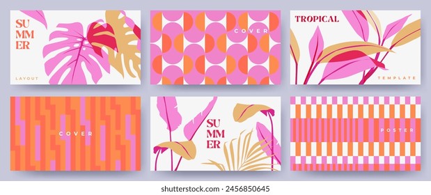 Creative covers or horizontal posters in modern minimal style for corporate identity, branding, social media ads, promo. Modern layout design templates with tropical leaves and geometric patterns