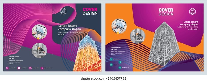 Creative covers, layouts of brochure concept in modern minimal style for corporate identity, branding, social media advertising, promo. Modern cover design template with colorful dynamic overlay lines