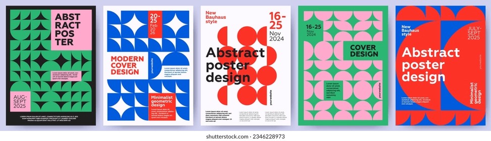 Creative covers, layouts or posters concept in modern minimal style for corporate identity, branding, social media advertising, promo. Trendy design templates with colorful geometric elements pattern