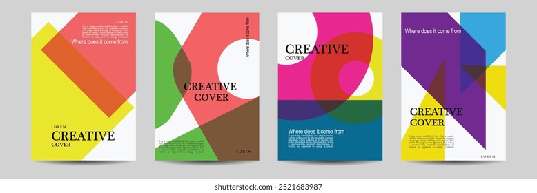 Creative covers, layouts or posters concept in modern minimal style for corporate identity, branding, social media advertising, promo. Modern cover design template with colourful dynamic overlay lines