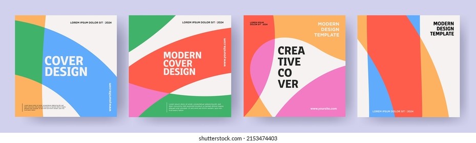 Creative Covers Or Posters Concept In Modern Minimal Style For Corporate Identity, Branding, Social Media Advertising, Promo. Minimalist Cover Design Template With Dynamic Colorful Overlay Lines