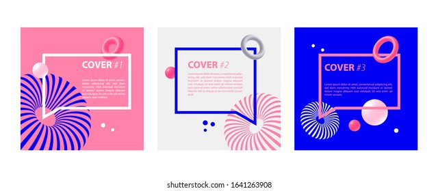 Creative covers set with 3D style elements on bright backgrounds. Editable vector Eps10 illustration.