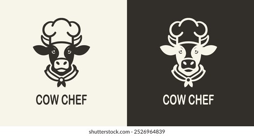 Creative cow chef logo design featuring a cow wearing a chef hat and scarf. Ideal for restaurants, dairy products, food brands, or culinary-related businesses