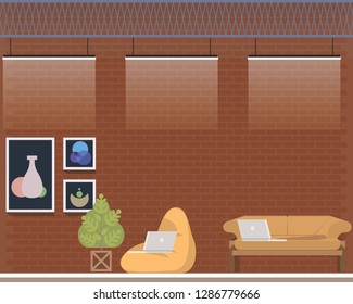 Creative Coworking Center Studio Interior Design. Comfortable Office. Shared Workplace for Freelancer with Beanbag Chair, Sofa, Laptop. Informal Place for Work. Flat Cartoon Vector Illustration