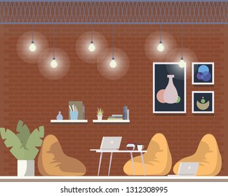 Creative Coworking Freelance Area Interior Design. Comfortable Shared Open Workplace for Freelancer with Beanbag Chair. Laptop on Floor. Informal Office. Flat Cartoon Vector Illustration