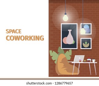 Creative Coworking Space for Freelance Business. Cozy Office Interior Design. Shared Open Workplace for Freelancer with Laptop on Table, Beanbag Chair. Flat Cartoon Vector Illustration