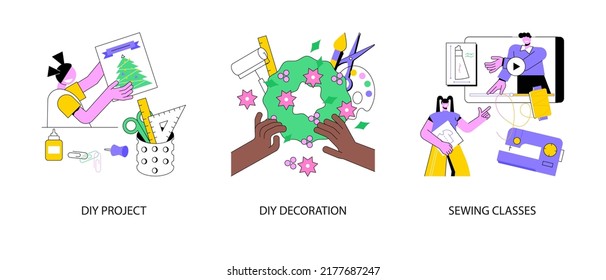 Creative craft abstract concept vector illustration set. DIY project, handmade design decoration, sewing classes, handicraft hobby, online video tutorial, holiday decor, needlework abstract metaphor.