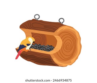 Creative craft bird feeder made from tree stump filled with sunflower seeds isolated on white