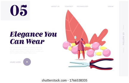 Creative Craft, Handmade Hobby Landing Page Template. Tiny Female Character Try On Necklace Look in Mirror with Huge Beads Bracelet and Pliers. Jewelry Glamour Fashion. Cartoon Vector Illustration