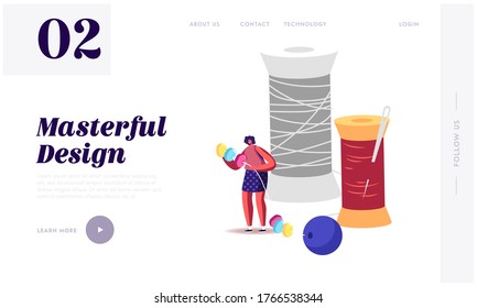 Creative Craft, Handmade Hobby Landing Page Template. Tiny Female Character String Huge Colorful Beads on Thread Stand at Pools with Needle. Woman Making Bijouterie. Cartoon Vector Illustration