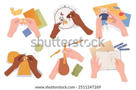 Creative craft hobbies. Set of hands with needlework. People doing origami and ceramics, drawing in sketchbook, cross stitching and knitting. Flat vector illustration collection isolated on background