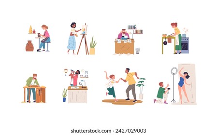 Creative and craft occupation. People artistic hobby creative work art, painter artisan handmade working master dancer professional artist photographer, classy vector illustration