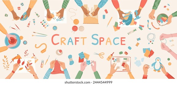 Creative craft space activity concept illustration, top view handmade craftwork vector background, handicraft DIY workshop collection, colorful isolated hands making hobby work banner.