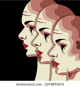 Creative Crazy bald Girl portrait. Fashion Woman silhouette. Psycho patient. Psychedelic art with Female head. Baldhead lady. Vector illustration. 