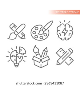 Creative and creativity, brainstorming line vector icons. Paintbrush, lightbulb and solution outline icon set.