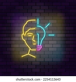 Creative, creativity, discussion neon vector icon on dark wall background. Neon Creative, creativity, discussion vector icon