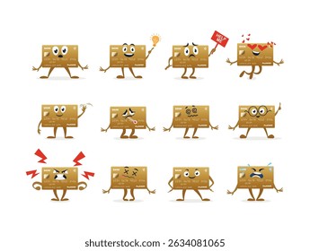 Creative credit card character design showcasing various emotions and activities in a playful vector style