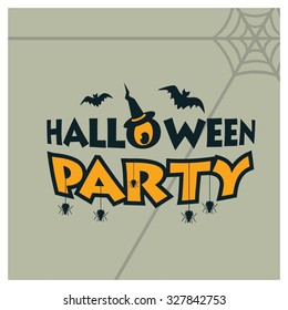 Creative Creepy Halloween Party typography. Bats Flying Witch eye and spider hanging with text. spider net on gray background. vector Halloween Party card design illustration
