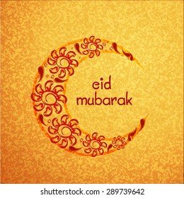 Creative crescent moon decorated with beautiful flowers on grungy yellow background for Muslim community festival, Eid Mubarak celebration.