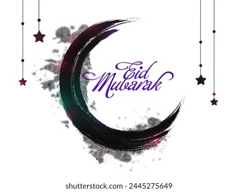 Luna creciente creativa hecha por pinceladas sobre estrellas decorada de fondo para el Festival de la Comunidad Musulmana, celebración de Eid Mubarak.