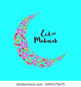 Creative Crescent Moon made by watercolor flowers on sky blue background, Elegant Beautiful Greeting Card design for Islamic Holy Festival, Eid Mubarak celebration.
