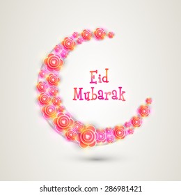 Creative crescent moon made by beautiful flowers for Islamic festival, Eid Mubarak celebration.