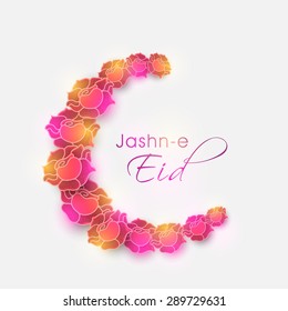 Creative crescent moon made by beautiful flowers for Jashn-E-Eid, famous Islamic festival celebration.