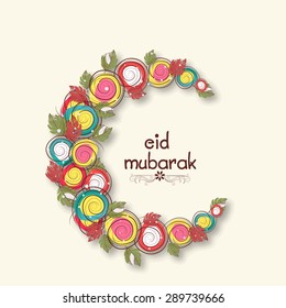 Creative crescent moon made by colorful spirals and leaves for holy festival of Muslim community, Eid Mubarak celebration.