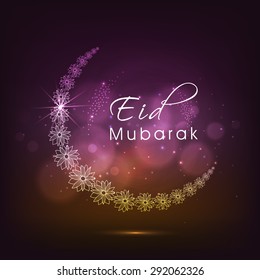 Creative crescent moon made by beautiful flowers on shiny background for holy festival of Muslim community, Eid Mubarak celebration.