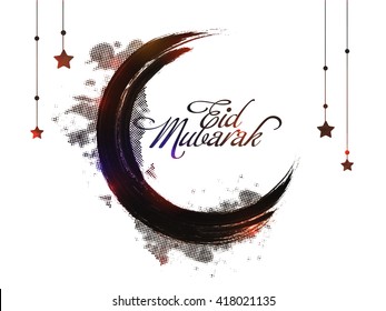 Creative crescent Moon made by paint stroke on stars decorated background for Muslim Community Festival, Eid Mubarak celebration.