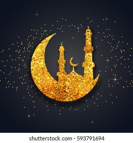 Creative Crescent Moon with Mosque made by golden glitter for Muslim Community Festivals celebration.