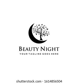 Creative Crescent moon night illustration nature Tree with butterfly sign vector logo template