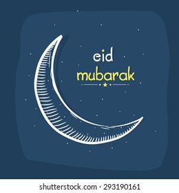 Creative crescent moon on decorated blue background for muslim community festival, Eid Mubarak celebration.