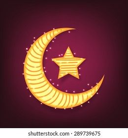 Luna creativa de media luna con estrella en brillante fondo morado para el famoso festival de la comunidad musulmana, celebración de Eid Mubarak.