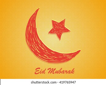 Creative Crescent Moon with Star on floral design decorated shiny yellow background for Islamic Famous Festival, Eid Mubarak celebration.