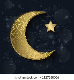 Creative crescent moon with stars for Holy Month of Muslim Community, Ramadan Kareem celebration made in gold sparkling style. Vector Illustration Design