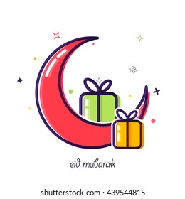 Creative Crescent Moon and Wrapped Gifts on white background, Elegant Greeting Card design for Muslim Community Festival celebration.