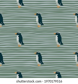 Creative crested penguins shapes seamless pattern. Hand drawn arctic print. Green and blue striped background. Designed for fabric design, textile print, wrapping, cover. Vector illustration.