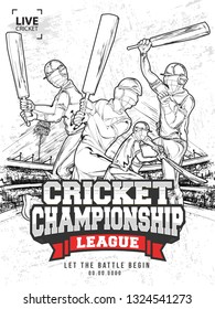 Creative cricket championship league template design, hand drawn illustration of cricket players in playing pose.