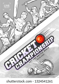 Creative cricket championship template or poster design, hand drawn illustration of cricket players in playing pose with cricket attires on abstract grunge background.