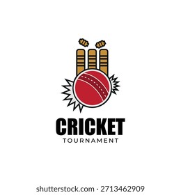 Logotipo creativo del acontecimiento del cricket con la bola y el símbolo del palo para la marca de los deportes