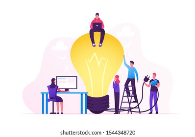 Creative Crisis, Teamworking and Searching Idea Concept. Business People Stand at Huge Turned Off Light Bulb Holding Plug. Team Search Insight for Project Development. Cartoon Flat Vector Illustration