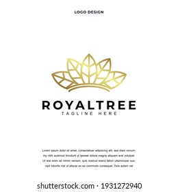 Icono creativo de la corona y el logotipo de la hoja diseño ilustración vectorial. árbol real. color de diseño del logotipo de hoja de cálculo editable